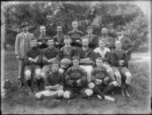 Photograph of unidentified rugby union football team, in an unidentified park, possibly Christchurch district
