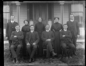 Members of an unidentified family in front of the house, six men and three women, probably Christchurch district