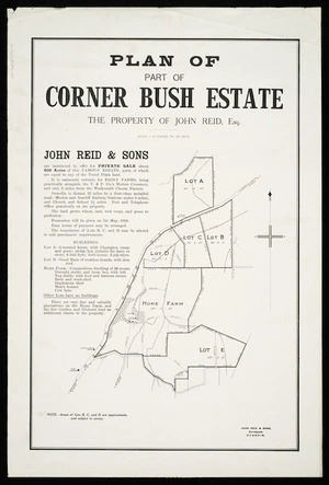 Plan of part of Corner Bush Estate, the property of John Reid, Esq. [cartographic material] / John Reid & Sons, surveyors.