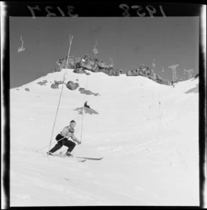 Unidentified skiers at the New Zealand Ski Championship, Mt Ruapehu, including chairlifts