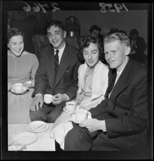 Unidentified group drinking tea at the Sheridan Ballroom, Herbert Street, Wellington