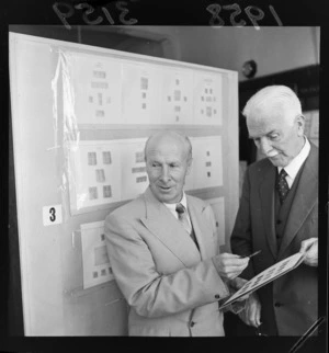 Mr [J F] Mackensey and Dr R Stout examining stamps