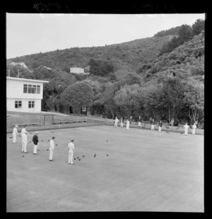 Unidentified bowlers in a bowling competition at Khandallah Bowling Club, Wellington