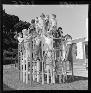 Children on jungle gym at Newtown Kindergarten, Wellington