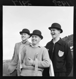 Three unidentified men from the Presbyterian Harriers in bowler hats and jerseys at the Wellington to Masterton harrier race