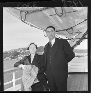 Mayor of Wellington Francis Joseph Kitts and his wife Iris on board boat about to leave for Australia, Wellington Harbour