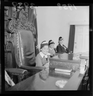 Young unidentified girl from Otaki sitting in the Wellington mayor's chair