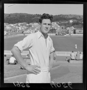 Mr KW Burke, cricketer, at the Basin Reserve, Wellington