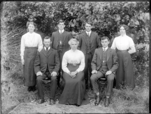 Members of an unidentified family, showing four women and three men in the garden, probably Christchurch district
