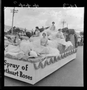Float, Spray of Sweetheart Roses, and maidens, Paraparaumu Carnival, Wellington