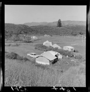 Tents and caravans at a motor camp, Queen Elizabeth Park, Paraparaumu, Kapiti Coast district