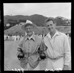Two unidentified male bowlers, at a bowling green, probably Wellington