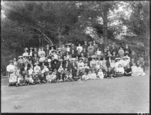 Large group of unidentified people outdoors, probably Christchurch district