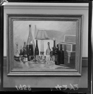 Still life painting by Winston Churchill depicting bottles, glasses, and a lamp