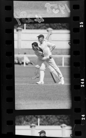 Bowler R E Reid during a cricket match, Basin Reserve, Wellington