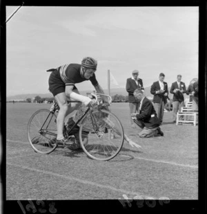 Unidentified cyclist, Laykold Cup cycle race [time trial?], Petone, Wellington Region