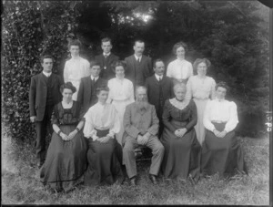 Group of unidentified men and women outdoors, probably Christchurch district