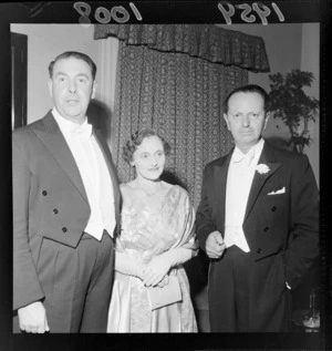 Frank Joseph Kitts, Mayor of Wellington, his wife Iris, and an unidentified guest, at the premiere show of the Royal Ballet Company's 1959 tour of New Zealand, including tuxedo suits
