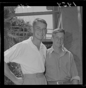 J B Souter (right) and one other unidentified junior tennis top male player, Junior Tennis Championships, Central Park, Wellington