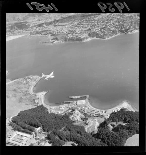 Aerial view of Shelly Bay, with Mount Crawford Prison, and a flying boat