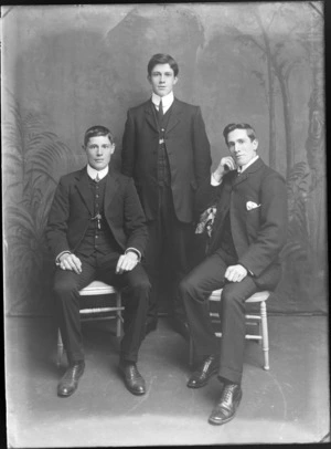 Studio portrait of three unidentified men, possibly Christchurch