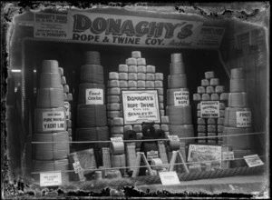Display stand of Donaghy's Rope & Twine Company, Stanley Street, Auckland, showing different types of rope and twine, probably Hastings district
