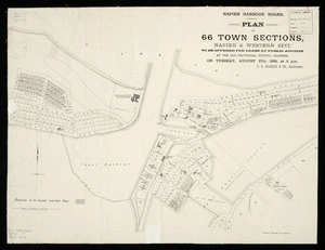 Plan of  66 town  sections, Napier & Western Spit [cartographic material] : to be offered for lease by public auction ... August 27th,1889 ... C.B. Hoadley, auctioneers.