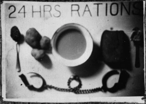 Photograph taken by repatriated POW shows daily food ration issued to prisoners in a German prison camp, World War II