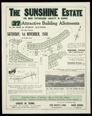 The Sunshine estate, the most picturesque locality in Karori [cartographic material] : 37 attractive building allotments / surveyed by Gandar & Gardiner.