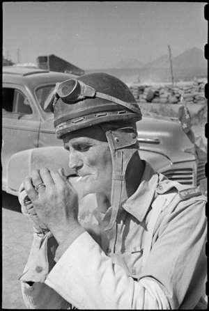 A Thomas, one of the NZ Division provosts who escorted Prime Minister Peter Fraser on his tour of the Italian Front, World War II - Photograph taken by George Bull
