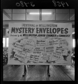 Festival of Wellington Mystery Envelopes noticeboard on display