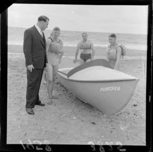Mayor of Wellington Francis Joseph Kitts and Maranui Surf Life Saving Club members with surf boat 'Puncher' on Lyall Bay Beach