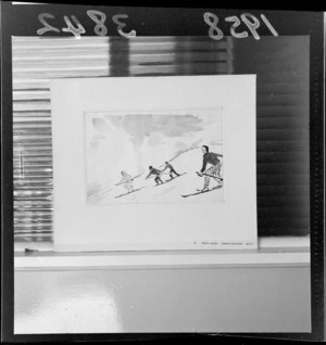 Painting of skiers on mountain slopes titled 'Winter Sports' by ll-year-old Vladimir Brjuchanov of Moscow, Russia
