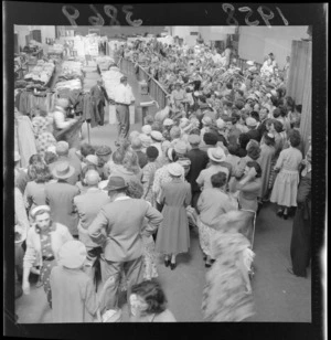 Crowds at drapery fire sale, George & George Limited, Newtown, Wellington