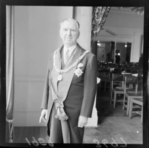 Sir Sidney Holland, former Prime Minister, with his decorations at his investiture