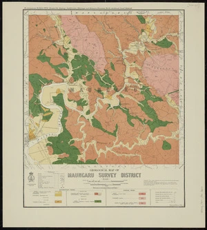Geological map of Maungaru survey district [cartographic material] / drawn by G.E. Harris ; compiled from data obtained from the Lands and Survey Department, from Admiralty charts ; additional surveys and geology by H.T. Ferrar and W.H. Cropp of the Geological Survey Branch of the Department of Scientific and Industrial Research.