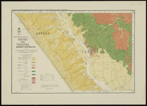 Geological map of Kopuru and Tokatoka survey districts [cartographic material] / drawn by G.E. Harris ; compiled from data obtained from the Lands and Survey Department and from Admiralty charts ; additional surveys and geology by H.T. Ferrar and E.O. Macpherson of the Geological Survey Branch of the Department of Scientific and Industrial Research.