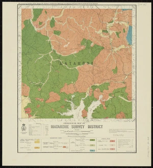 Geological map of Matakohe survey district [cartographic material] / drawn by G.E. Harris ; compiled from data obtained from the Lands and Survey Department and from Admiralty charts ; additional surveys and geology by H.T. Ferrar of the Geological Survey Branch of the Department of Scientific and Industrial Research.