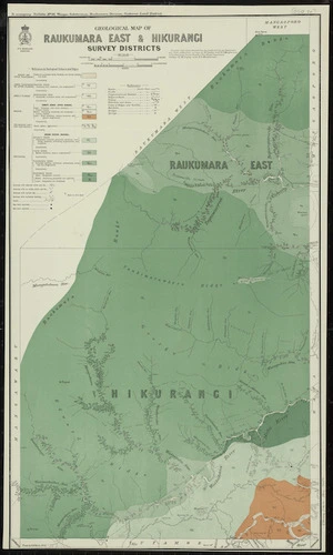 Geological map of Raukumara East & Hikurangi survey districts [cartographic material] / drawn by G.E. Harris.