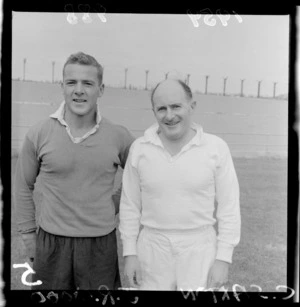 Rugby union football players at Athletic Park, Wellington - C Saxton and JR Wood