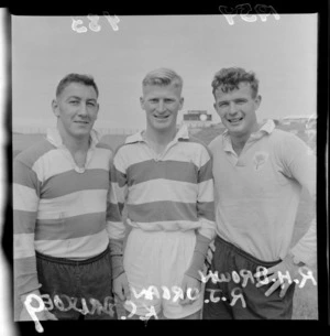 Rugby union football players at Athletic Park, Wellington - R H Brown, R J Organ, K C Driscoe