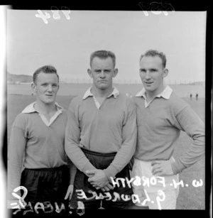 Rugby union football players at Athletic Park, Wellington - W N Forsyth, G Lawrence, B Neale