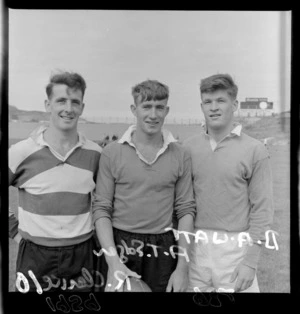 Rugby union football players at Athletic Park, Wellington - B A Watt, A T Edgar and R Cleave