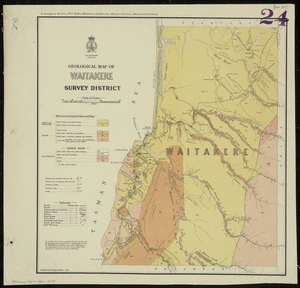 Geological map of Waitakere Survey District [cartographic material] / compiled and drawn by G.E. Harris.