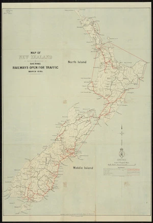 Map of New Zealand shewing railways open for traffic, March 1895 [cartographic material].