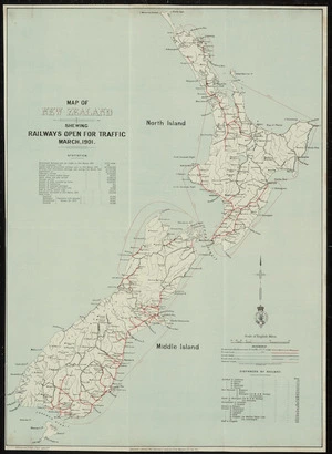 Map of New Zealand shewing railways open for traffic, March 1901 [cartographic material].