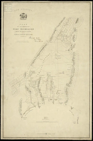 Plan of the harbour of Port Nicholson shewing the relative positions of the town and country sections [cartographic material] / W.M. Smith, Surveyor-General.