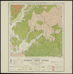 Geological map of Otamatea survey district [cartographic material] / drawn by G.E. Harris & J.E. Hannah ; compiled from data obtained from the Lands and Survey Department and from Admiralty charts ; additional surveys and geology by H.T. Ferrar of the Geological Survey Branch of the Department of Scientific and Industrial Research.