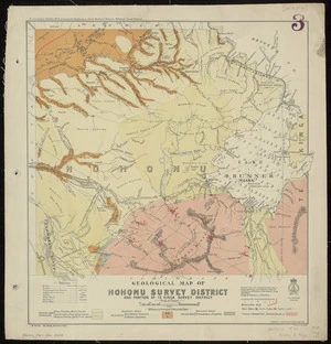 Geological map of Hohonu Survey District and portion of Te Kinga Survey District [cartographic material] / compiled & drawn by Wm. Bardsley, 1911.