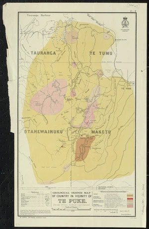 Geological sketch map of country in vicinity of Te Puke (Hauraki Division, Auckland Land District) [cartographic material] / drawn by G.E. Harris.
